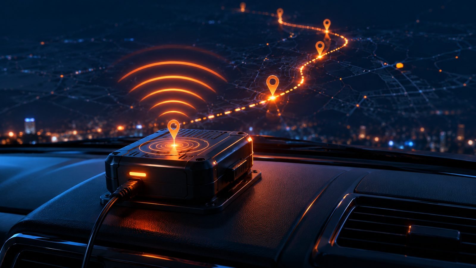 GPS tracker device with live signal trail on a vehicle dashboard