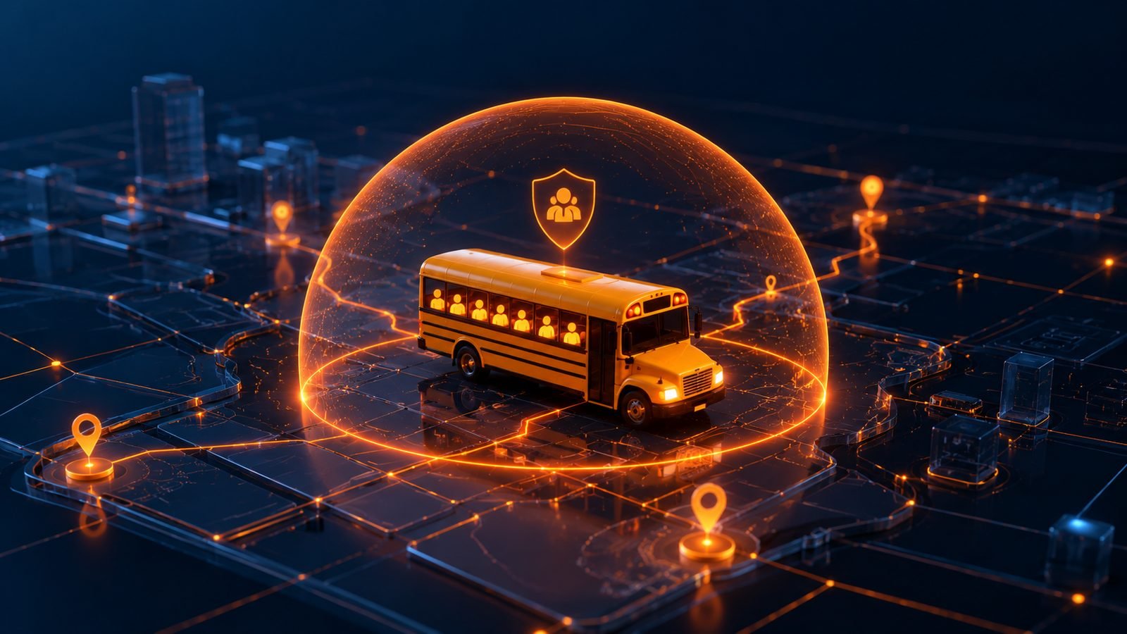School bus protected inside a live safety tracking dome